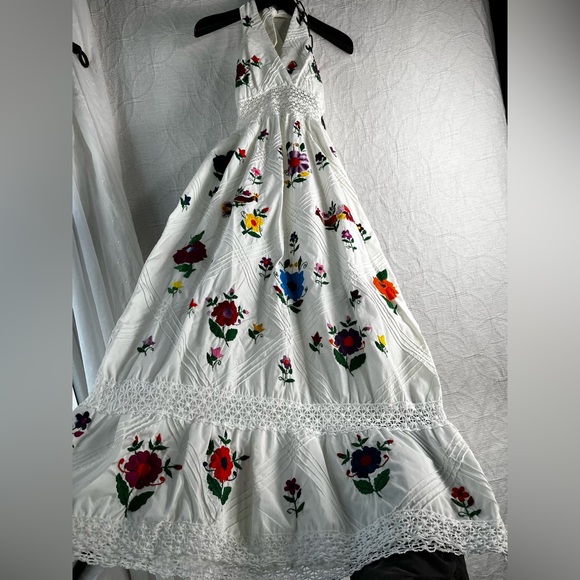 Vintage 70s Mexican Pintuck Halter Handmade Embroidered Floral Fiesta Maxi Dress - Picture 6 of 16